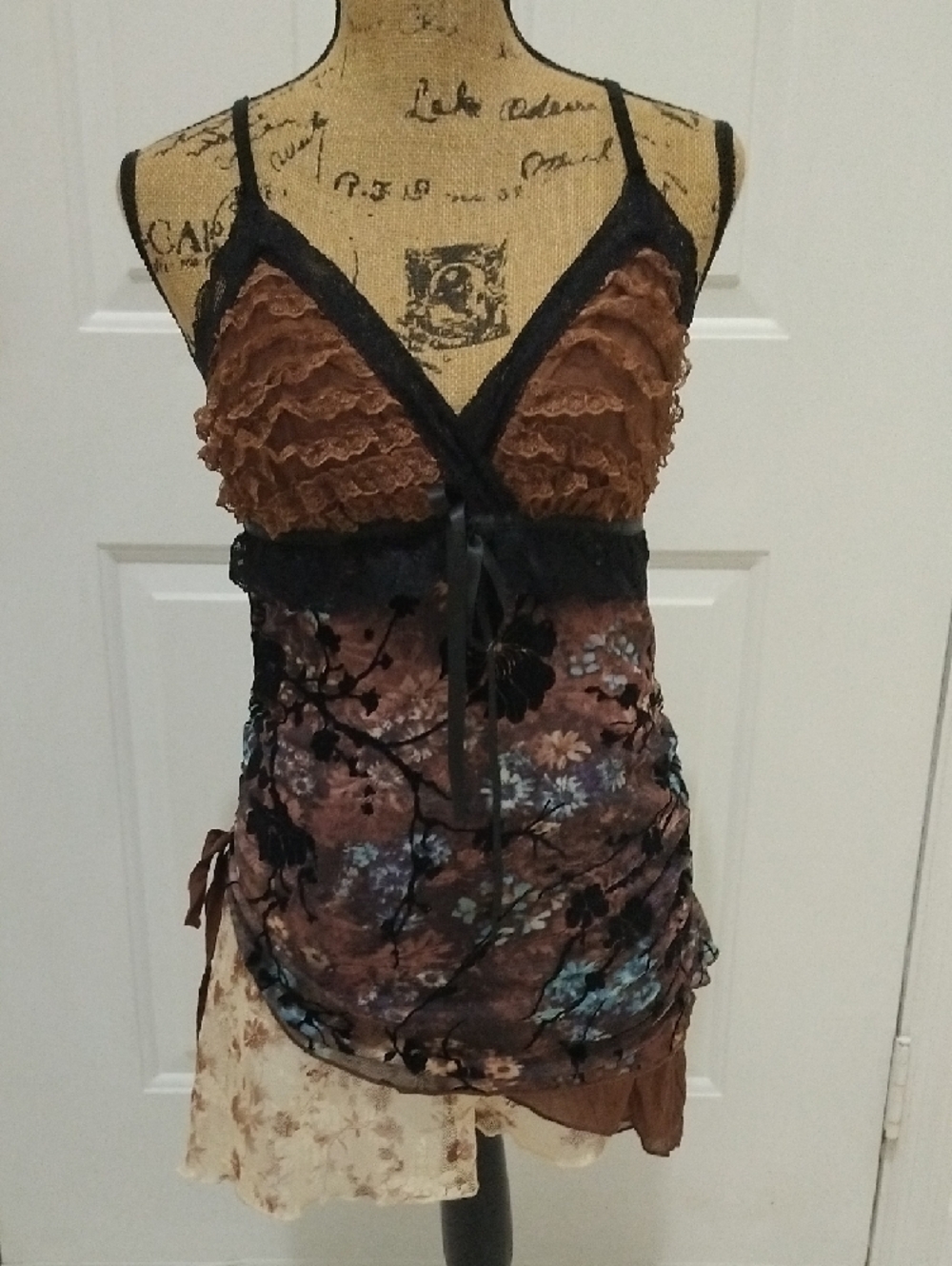Brown Floral Lace Tiered Camisole Top